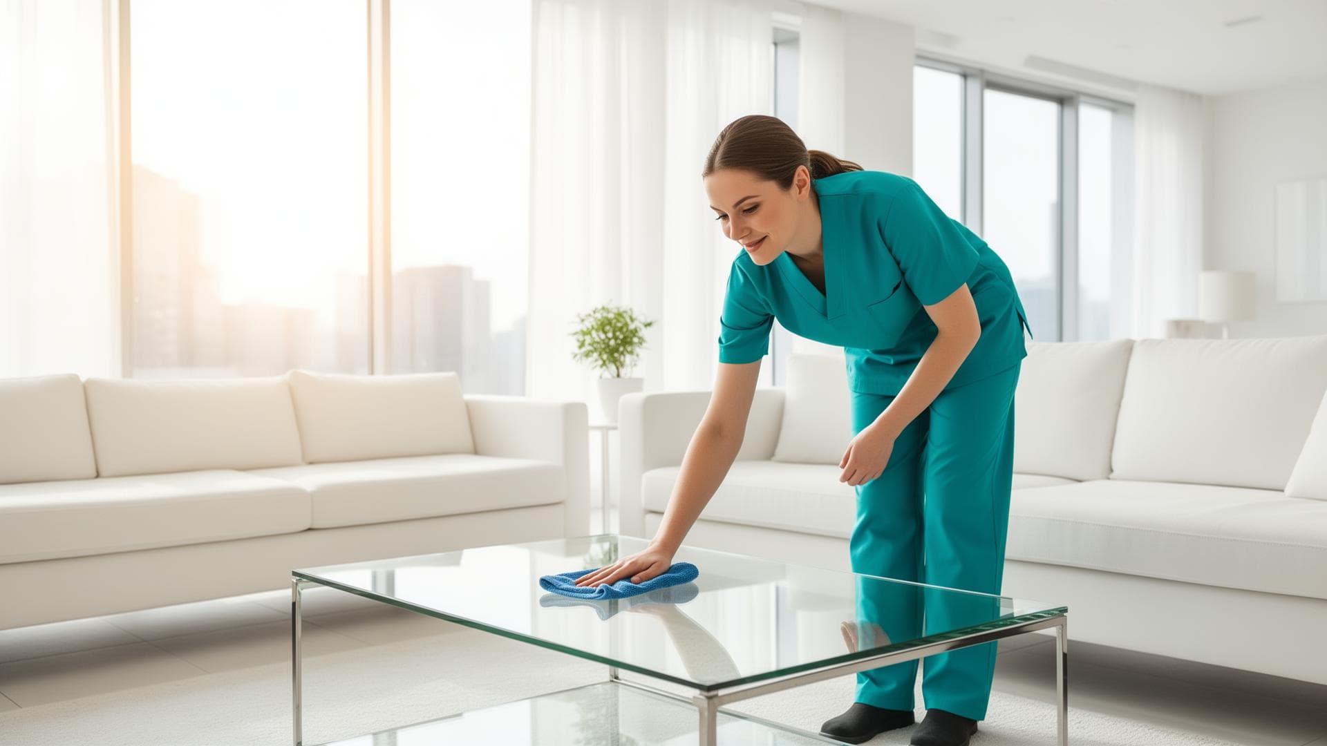 Professional cleaner in a modern living room